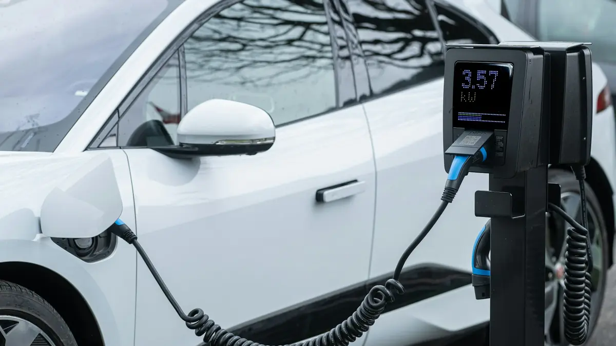 White electric car charging at a station